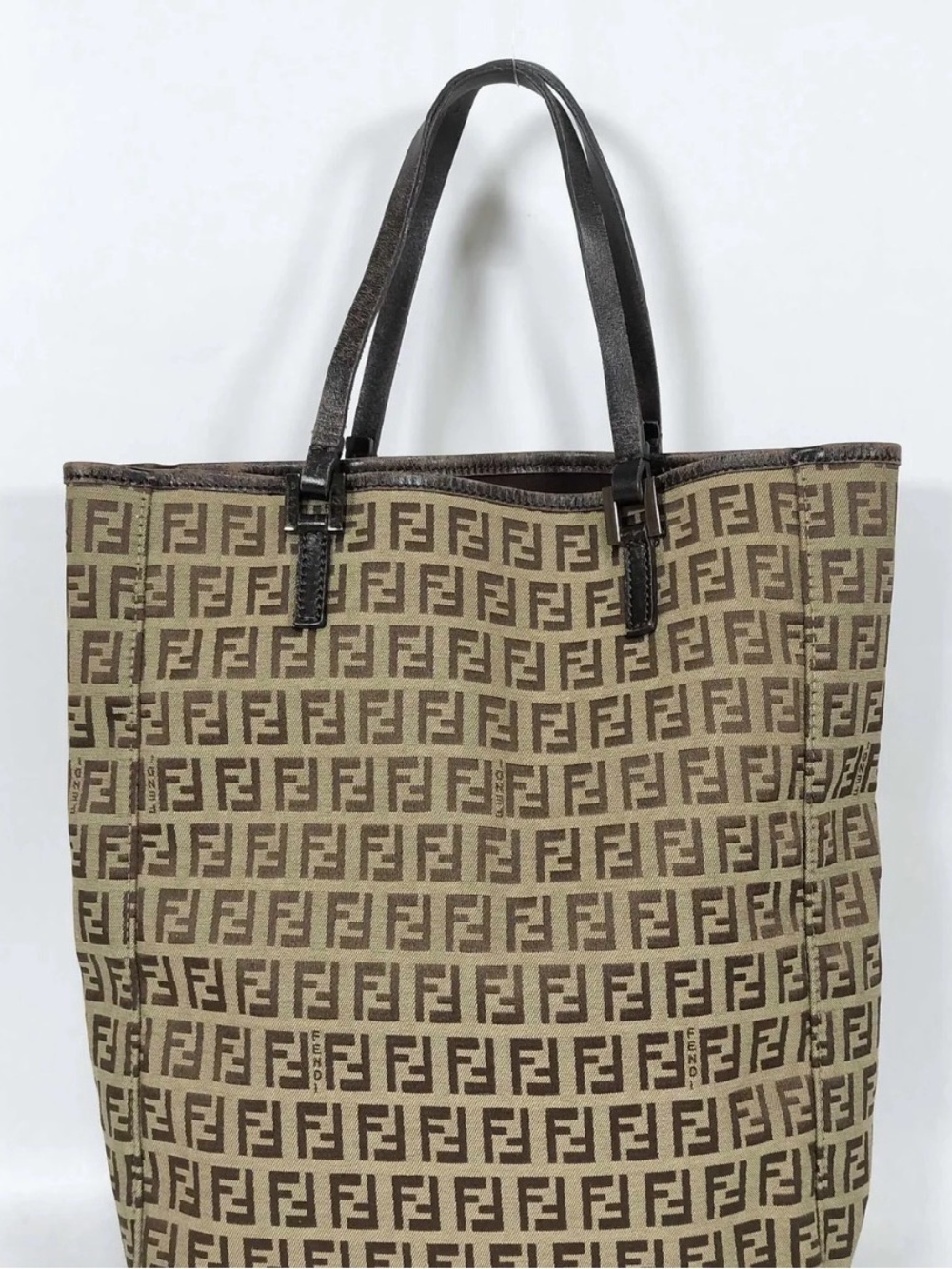 Authentic Vintage FENDI Zucca FF Canvas Tote Bag Brown Beige Monogram  COA